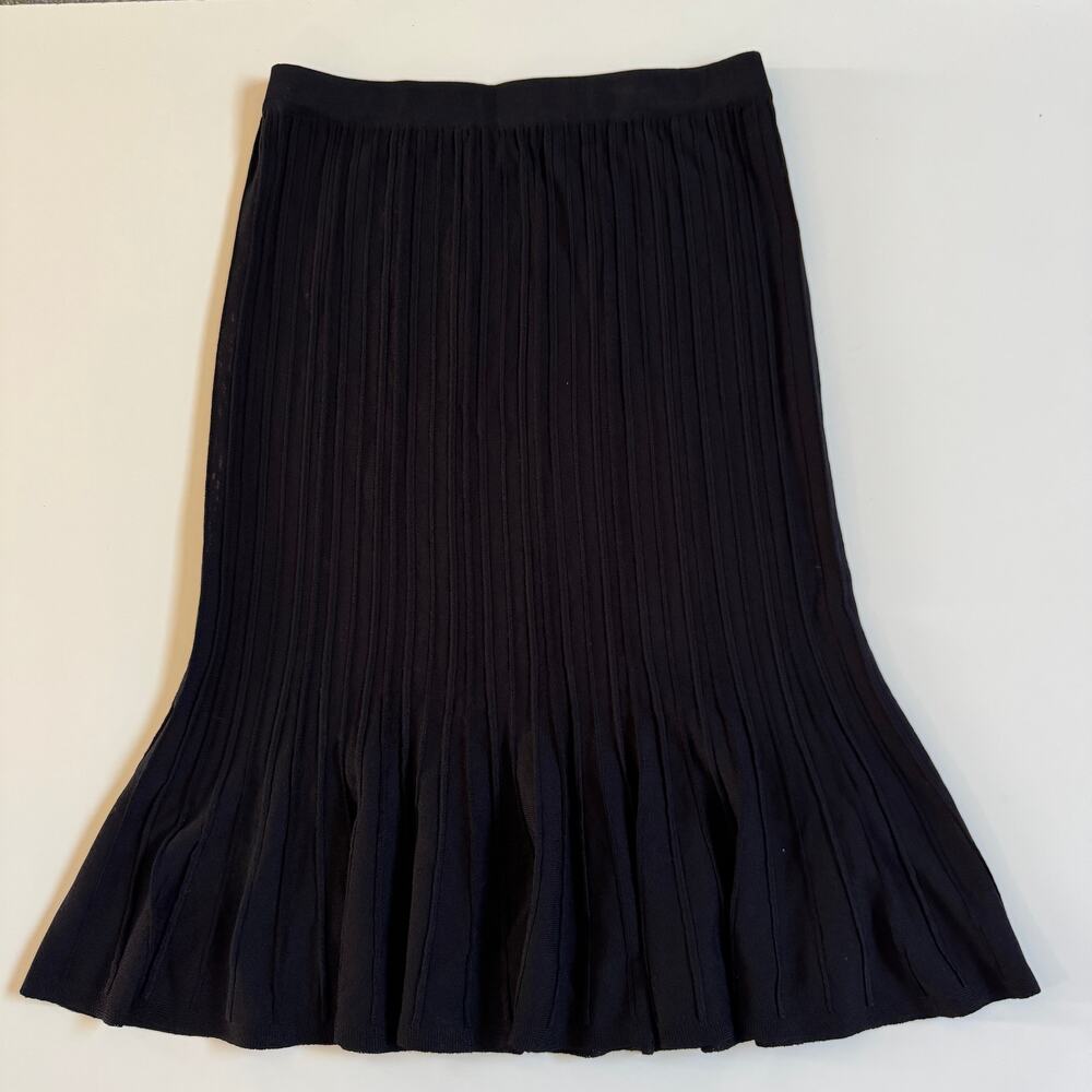 Exclusively Misook Rib Flare Trumpet Midi Knit Skirt Black Small Elastic Waist